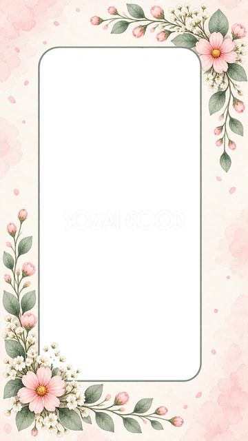 スマホ向けの細長い角丸窓を、右上と左下のピンクの小花、白い小花、緑の葉で飾りました。花を対角に配置し、縦長の写真をすっきり見せる水彩デザインです。 スマホの待ち受けや縦長のSNS画像、子どもやペットの写真におすすめです。端末ごとの時計や通知の位置を確認し、大切な顔が隠れないよう調整してください。