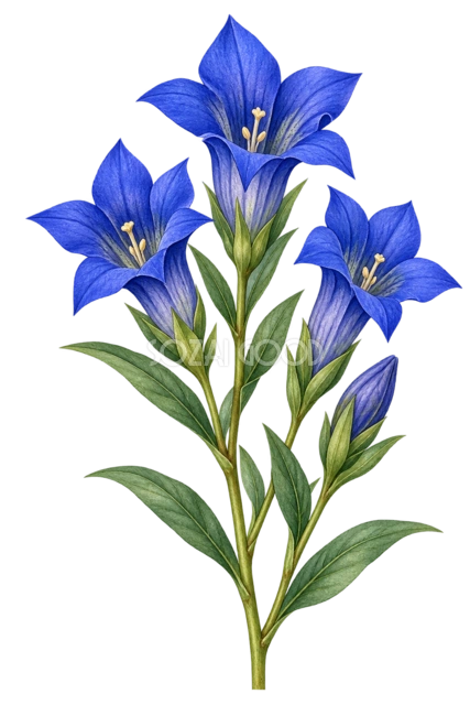 青いリンドウ。青いリンドウの花を上向きにまとめ、細長い葉とつぼみを添えました。花びらの青い濃淡とすっきりした茎の形が特徴です。 秋の便箋や案内状、落ち着いた季節のカードにおすすめです。縦の余白に添えると、花のすっきりした形を生かせます。