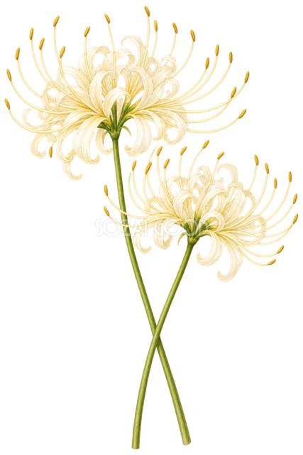 白い彼岸花。白い彼岸花を高さの異なる二本の茎に配しました。淡いクリーム色の花びらと細長い雄しべ、交差する茎が繊細な印象を添えます。 秋の季節便りやお彼岸の案内、静かな雰囲気の挿絵におすすめです。淡いグレーや生成り色の背景と合わせても使えます。