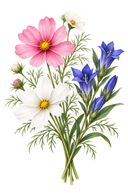 コスモスとリンドウ。ピンクと白のコスモスに青いリンドウを合わせた、軽やかな秋の花束です。細い葉とつぼみを交え、自然に摘んだような表情でまとめました。 秋の招待状、お礼のカード、イベント案内の挿絵におすすめです。複数の花を一度に添えたい紙面で使いやすい素材です。