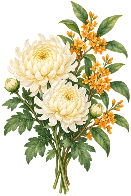 菊とキンモクセイ。クリーム色の菊に橙色のキンモクセイを合わせた秋の花束です。大きな菊と小さな花の対比、異なる葉の形が楽しめます。 秋の催しの案内、敬老の日のお便り、落ち着いた花のカードにおすすめです。黄色や橙色を使う紙面になじみます。