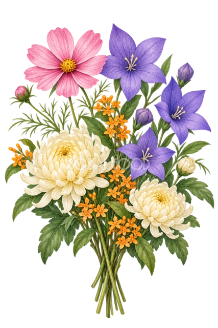 秋の花のブーケ。ピンクのコスモス、紫の桔梗、クリーム色の菊、橙色の小花を合わせた秋のブーケです。花の大小と色の重なりで華やかさを出しました。 秋のイベントポスターやお祝いカード、季節の表紙におすすめです。まとまった花束なので、紙面の主役としても使えます。