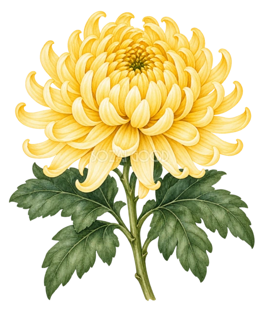 黄色い菊。黄色い菊の大輪を主役に、幾重にも重なる花びらと深緑の葉を描きました。一輪でも存在感があり、秋らしい温かさを添えられます。 秋の行事案内や敬老の日のお便り、和風のカードにおすすめです。余白のある紙面に一輪添えるだけでも印象的に仕上がります。