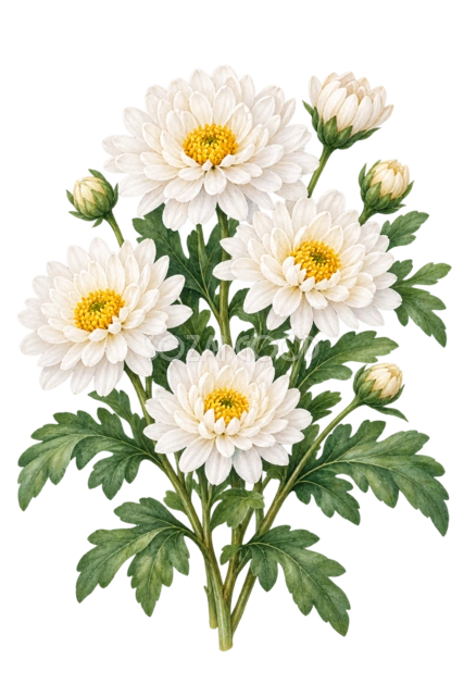 白い小菊。白い小菊とつぼみを、高さと向きを変えてまとめた枝ものです。黄色い花芯とやわらかな葉色が調和する、落ち着いた水彩デザインです。 秋のお便りや季節の案内、静かな雰囲気のカードにおすすめです。淡い背景や細い文字と合わせやすい配色です。
