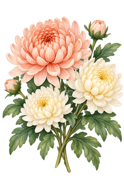 淡い色の菊。淡い桃色とクリーム色の菊を組み合わせた、小さな花束のような構図です。大きな花と小さなつぼみを混ぜ、やさしい色合いでまとめました。 感謝を伝えるカードや秋の挨拶状、やさしい印象のお知らせにおすすめです。淡い色の紙面に合わせると上品にまとまります。