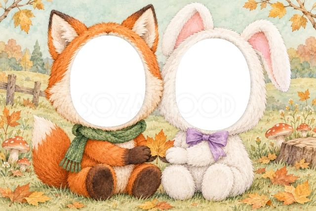 きつねとうさぎの被り物写真フレーム
オレンジ色のきつねと白いうさぎが、落ち葉を仲良く持っています。緑のマフラーと紫のリボンを合わせた被り物です。
きのこや木の柵、色づく葉を水彩で描いた秋の草原。うさぎの左右の耳が見え、足裏には肉球を付けていません。
秋の成長記録、森の動物が好きなきょうだいの写真、季節のお祝いにおすすめです。