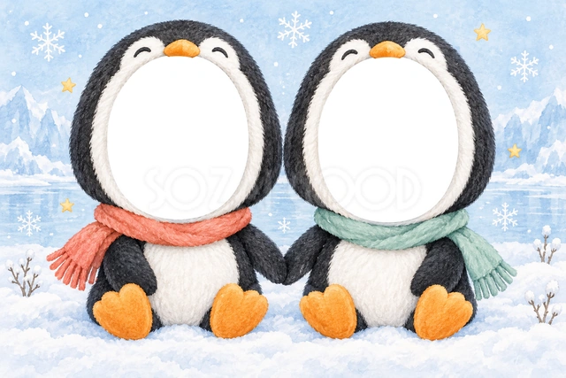 ペンギンの兄弟・姉妹の被り物写真フレーム
白と黒のペンギンが、翼をつなぐように並んで座っています。桃色とミント色のマフラー、オレンジ色の足が目を引きます。
青い水彩の雪景色に、白い雪の結晶と星を添えました。被り物の頭に小さなくちばしを描いた、冬らしい楽しいデザインです。
冬の記念写真、きょうだいの成長記録、季節の写真付き近況報告におすすめです。