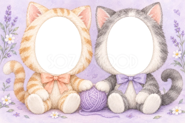 ねこの兄弟・姉妹の被り物写真フレーム
茶色のしま模様のねこと、灰色のねこが毛糸玉を囲んで座っています。三角の耳やくるんとしたしっぽがかわいい被り物です。
桃色と紫色のリボンを、淡い紫の水彩背景に合わせました。小さな花が、やさしい雰囲気を引き立てます。
ねこ好きのきょうだいの写真、姉妹の成長記録、家族アルバムにおすすめです。