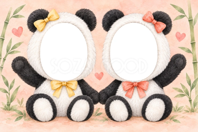 パンダの兄弟・姉妹の被り物写真フレーム
白と黒のパンダが手をつなぎ、片手を元気に上げています。黄色と桃色のリボンを添えた、お座り姿の被り物です。
桃色の水彩背景に竹と小さなハートを配しました。丸い耳とふわふわの手足が、仲良しの二人を引き立てます。
双子の成長記録、動物園の思い出、家族への写真付き近況報告におすすめです。