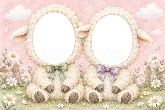 ひつじの兄弟・姉妹の被り物写真フレーム
もこもこの白いひつじが、肩を寄せるように座っています。緑と紫のリボン、横に伸びる耳、茶色いひづめが特徴です。
桃色の水彩背景に雲や白い花、木の柵を添えた牧場の雰囲気。ふんわりした毛の描写が、穏やかな表情の写真に合います。
赤ちゃんの記念写真、姉妹の成長記録、やさしい雰囲気のお祝いにおすすめです。