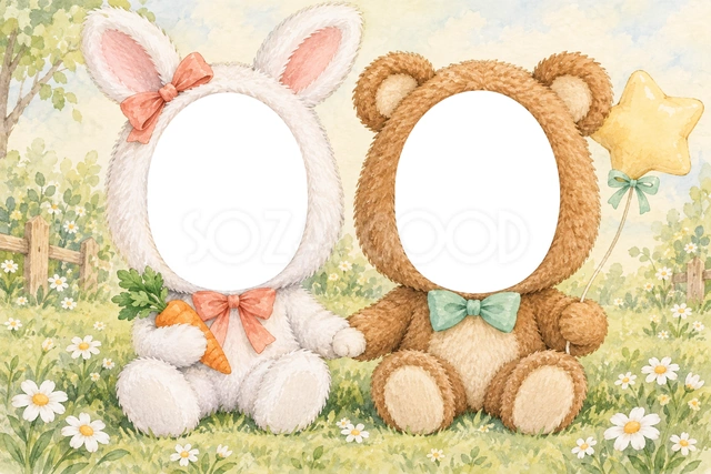うさぎとくまの被り物写真フレーム
長い耳の白いうさぎと茶色いくまが、手をつないで座っています。うさぎはにんじん、くまは星形の風船を持った被り物です。
白い花の咲く草原と木の柵が、春らしい水彩背景を彩ります。うさぎの左右の耳と、肉球のない白い足裏も丁寧に描きました。
好きな動物が違うきょうだいの写真、春の成長記録、お友だちとの記念におすすめです。