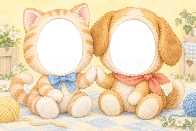 ねこといぬの被り物写真フレーム
三角の耳のねこと垂れた耳のいぬが、小さな手でハイタッチしています。青いリボンと桃色のマフラーがかわいい被り物です。
淡い黄色の水彩背景に花や毛糸玉を添えました。くるんとしたしっぽとお座り姿が、二人の仲の良さを伝えます。
きょうだいやお友だちの記念写真、誕生日のお祝い、家族アルバムにおすすめです。
