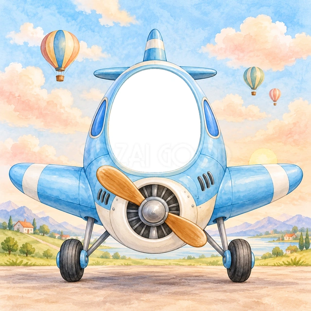 飛行機の窓からこんにちは写真フレーム
淡い青色のプロペラ飛行機を正面から描きました。大きな操縦席の窓の下に木のプロペラを添え、顔が隠れない構図にしています。
翼の先まで画面に収め、空にはふんわりした雲と気球を添えました。やさしい水彩の空が、楽しい旅の気分を作ります。
飛行機好きの子どもの写真、旅行の記念、誕生日のお祝いにおすすめです。