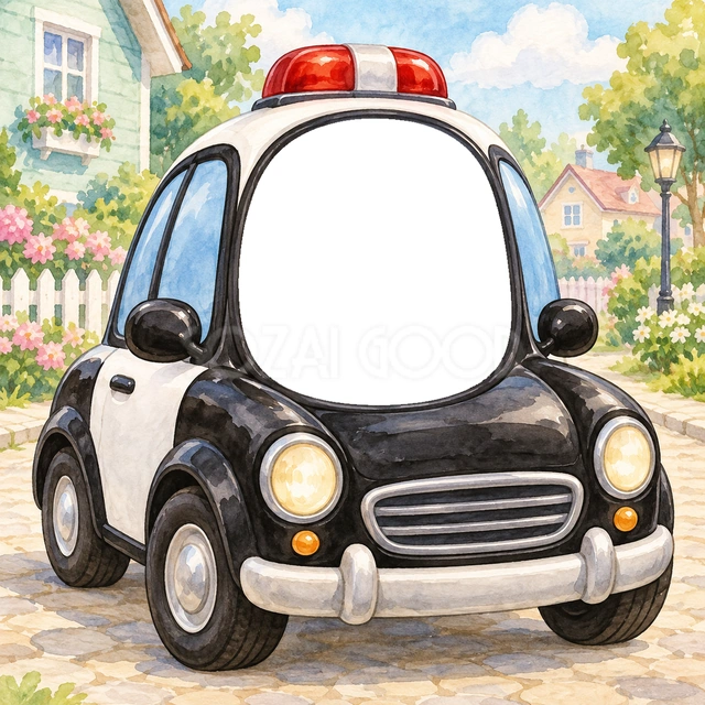 パトカーの窓からこんにちは写真フレーム
白と黒の車体に赤いランプを付けた、丸みのあるパトカーです。前の大きな窓に顔写真を合わせて、運転手気分を楽しめます。
花の咲く街並みや木の柵を、明るい水彩で描きました。丸いライトやミラーも、子ども向けのやさしい形にまとめています。
パトカー好きの子どもの誕生日、園のお楽しみ写真、お仕事ごっこにおすすめです。