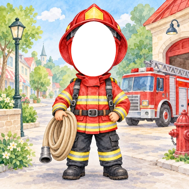 消防士さんになりきり写真フレーム
赤いヘルメットと防火服に、黄色いラインと黒い長靴を合わせました。手にはホースを持ち、消防士さんになりきれる姿です。
消防車と街並み、道端の花を明るい水彩で描きました。顔写真が道具に隠れない、大きな顔窓を設けています。
消防のお仕事が好きな子どもの誕生日、お仕事ごっこ、将来の夢を紹介する写真におすすめです。