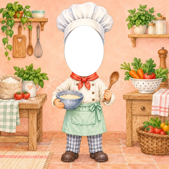 コックさんになりきり写真フレーム
白いコック帽と調理服に、赤いスカーフとミント色のエプロンを合わせました。ボウルと木のスプーンを手に持った姿です。
桃色の台所に野菜や調理道具を添え、楽しい料理の時間を水彩で表現しています。帽子の下の大きな顔窓へ写真を入れられます。
料理好きの子どもの記念写真、食育の活動、親子でのお料理体験におすすめです。