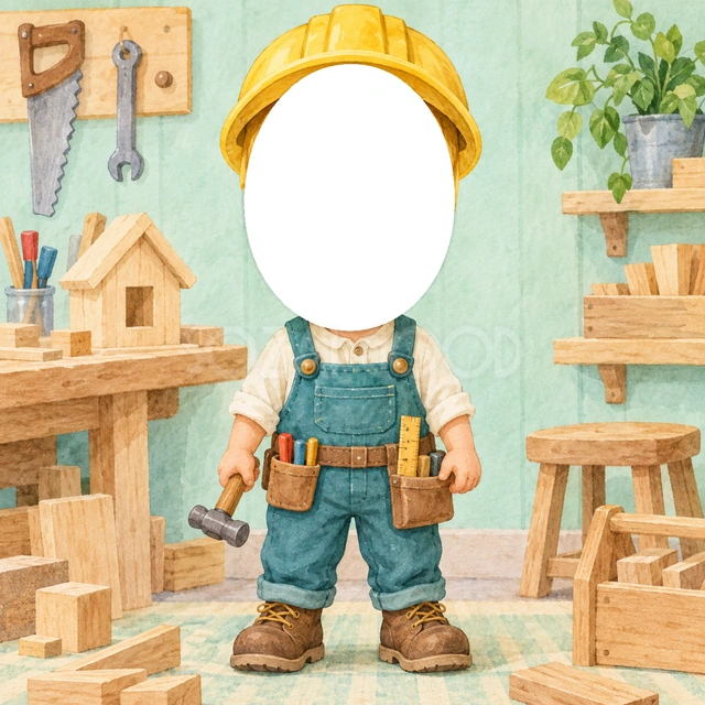 大工さんになりきり写真フレーム
黄色いヘルメットと緑のつなぎに、道具を入れた腰のベルトを合わせました。片手にはハンマーを持ち、木工のお仕事を表現しています。
木の作業台や工具、小さな家の模型を水彩で描いた背景です。ヘルメットの下の大きな顔窓へ写真を入れられます。
ものづくり体験の記念、園のお仕事ごっこ、将来の夢を話す写真におすすめです。