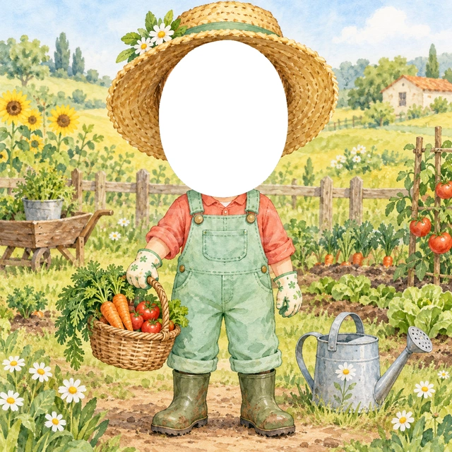 農家さんになりきり写真フレーム
麦わら帽子に桃色の服と緑のつなぎを合わせ、手袋と長靴を添えました。にんじんやトマトの入ったかごを持つ姿です。
畑やひまわり、木の柵、じょうろを水彩で描きました。明るい農園の背景に、帽子の下の大きな顔窓を設けています。
収穫体験の写真、食育の活動、子どもの成長記録におすすめです。