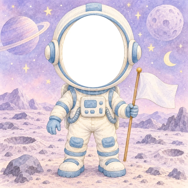 宇宙飛行士さんになりきり写真フレーム
白と淡い青の宇宙服に、大きなヘルメットと手袋、長靴を合わせました。旗を持ち、月の地面に立つ姿です。
紫色の宇宙に月や惑星、きらめく星を水彩で描きました。ヘルメットの中央に顔写真を合わせると、宇宙探検の気分を楽しめます。
宇宙好きの子どもの誕生日、成長記録、将来の夢を紹介する写真におすすめです。