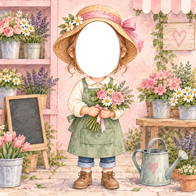 お花屋さんになりきり写真フレーム
麦わら帽子に桃色のリボン、白い服に緑のエプロンを合わせました。色とりどりの花束を持った、やさしいお花屋さんの姿です。
桃色のお店に花の鉢やじょうろを添え、花に囲まれた水彩の背景にしました。帽子の下に顔写真を入れる大きな窓があります。
花が好きな子どもの写真、母の日の家族写真、園でのお仕事ごっこにおすすめです。