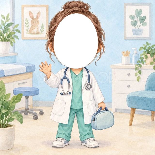 お医者さんになりきり写真フレーム
白衣と緑の服に聴診器を添え、片手であいさつする姿を描きました。もう一方の手には、淡い青色の診療用のかばんを持っています。
淡い青の診察室に植物やかわいい壁飾りを添えました。顔の部分だけを写真にできる、親しみやすい水彩イラストです。
将来の夢を紹介する写真、お医者さんごっこ、子どもの成長アルバムにおすすめです。