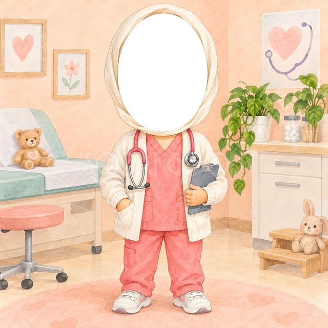 看護師さんになりきり写真フレーム
桃色の服に白い上着を合わせ、聴診器と記録用のボードを添えました。明るい色合いで、看護師さんのお仕事を表現しています。
桃色の診察室に植物やぬいぐるみを置いた、やさしい水彩背景です。大きな顔窓に写真を合わせて使えます。
看護師さんごっこ、園の職業紹介、将来の夢を話す記念写真におすすめです。