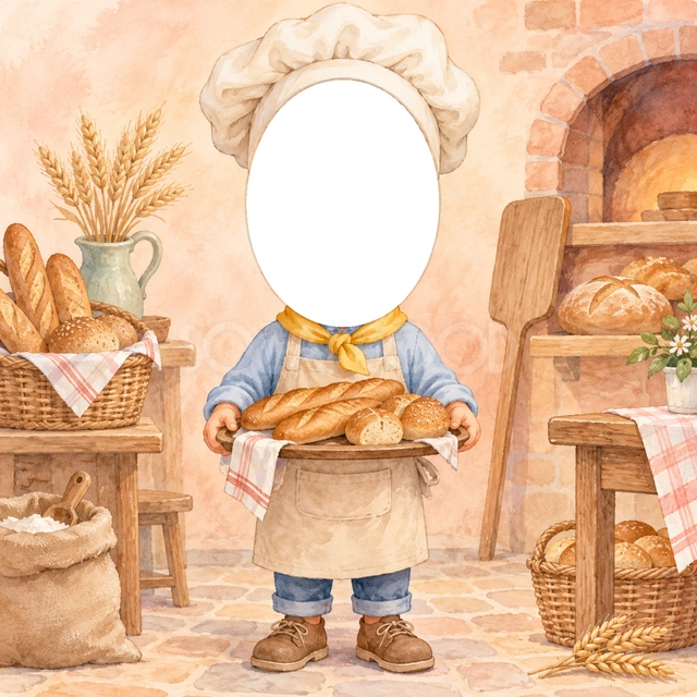 パン屋さんになりきり写真フレーム
白い帽子と青い服に、黄色のスカーフと茶色のエプロンを合わせました。焼きたてのパンを載せたトレーを両手で持っています。
レンガの窯やパンの棚、麦を水彩で添え、あたたかなパン屋さんの雰囲気を描きました。帽子の下の顔窓に写真を入れられます。
パン作りの体験写真、食育の活動、子どものお店屋さんごっこにおすすめです。