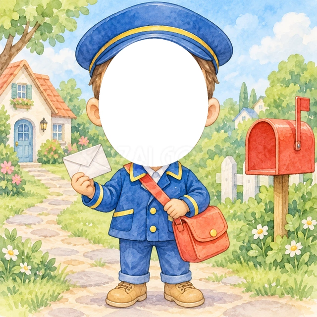 郵便屋さんになりきり写真フレーム
青い帽子と制服に、桃色の肩かばんを合わせました。白い封筒を手に持ち、手紙を届ける郵便屋さんになりきれる姿です。
赤い郵便ポストや花の咲く道、家並みを明るい水彩で描きました。顔写真が封筒に重ならない位置へ、大きな窓を設けています。
手紙を書く活動、園のお仕事ごっこ、家族への近況を伝える写真におすすめです。