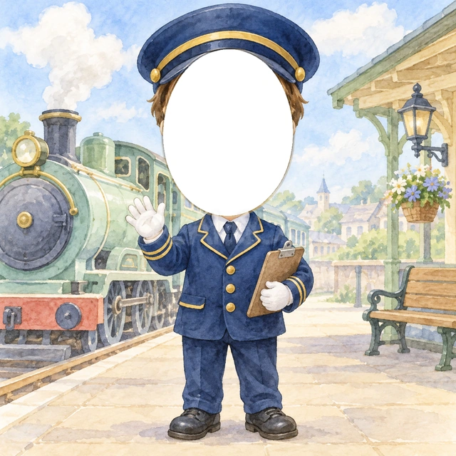 電車の運転士さんになりきり写真フレーム
紺色の帽子と制服に、金色の飾りと白い手袋を添えました。片手であいさつし、もう一方の手にボードを持った姿です。
駅のホームと緑の汽車、青空を水彩で描きました。帽子の下の顔窓に写真を入れると、憧れの運転士さんの気分を楽しめます。
電車好きの子どもの誕生日、旅行の記念、将来の夢を紹介する写真におすすめです。