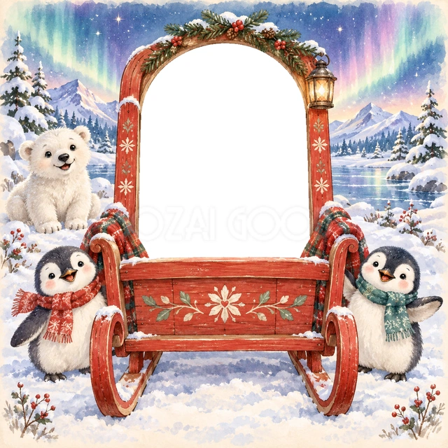 雪の国をそりで旅する写真フレーム
赤い木のそりに、雪の結晶と花の飾りを描きました。そりの手前部分の背面へ上半身の写真を重ねると、雪の国を旅する姿になります。
マフラーを巻いたペンギンと小さな白くま、雪山やオーロラを水彩で描きました。写真の周りに、あたたかな表情の仲間が集まっています。
冬のお出かけ、雪遊びの記念写真、子どもの成長アルバムにおすすめです。