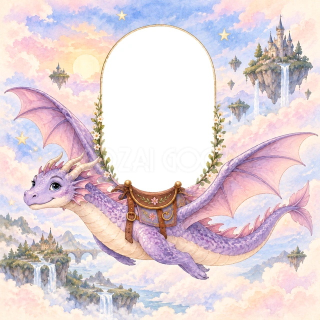 ドラゴンと空を飛ぶ写真フレーム
紫色のやさしいドラゴンに、花飾りのある鞍と縦長の写真窓を合わせました。上半身の写真を入れると、ドラゴンの背中で空を飛ぶ気分を楽しめます。
桃色と青色の雲に、空に浮かぶ島やお城、星を添えた水彩の背景です。翼や尾まで画面に収め、物語の一場面を描きました。
冒険好きの子どもの誕生日、空想遊び、成長記録におすすめです。