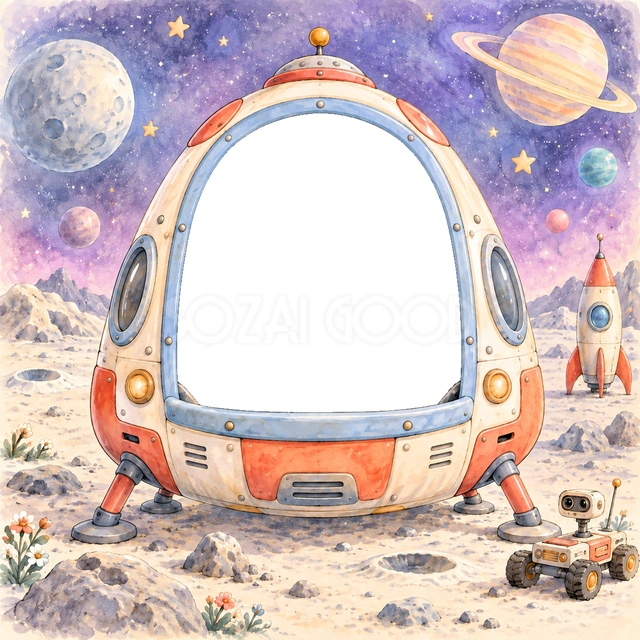 月と星の宇宙を旅する写真フレーム
クリーム色と桃色の探検カプセルに、淡い青色の縁取りがある大きな写真窓を設けました。上半身の写真を入れて、月面探検の主人公になれます。
紫色の宇宙に月や惑星、星を添え、地面には小さな探査車とロケットを描きました。やさしい水彩で、宇宙旅行の楽しさを表現しています。
宇宙好きの子どもの誕生日、将来の夢を紹介する写真、成長記録におすすめです。