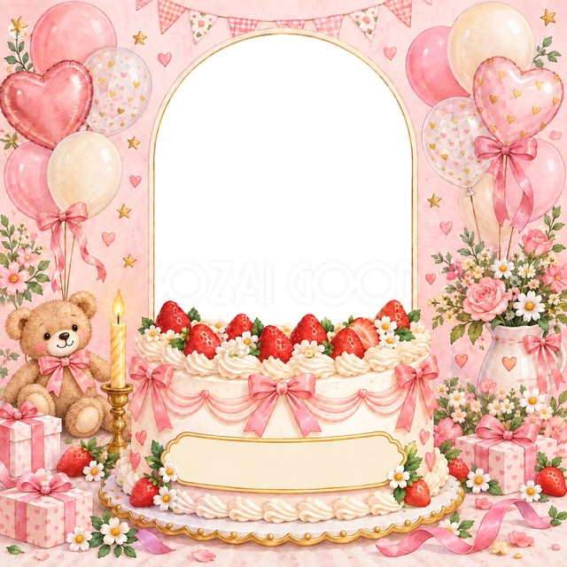 いちごの大きなケーキの写真フレーム
いちごとクリーム、桃色のリボンを飾った大きなケーキを、写真窓の手前に描きました。
くまのぬいぐるみや花、ハートの風船が集まる、華やかな桃色の水彩デザインです。
ケーキと一緒に写ったような誕生日の記念写真や、家族アルバムにおすすめ。下のリボンに名前と年齢をまとめて入れられます。