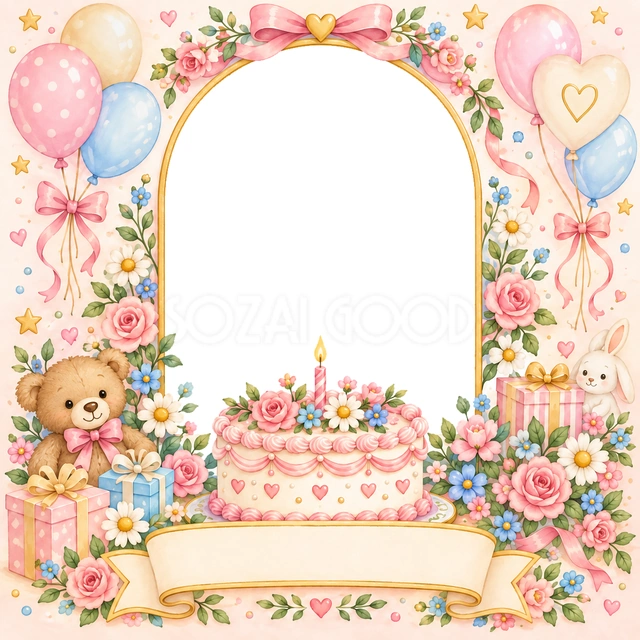 花いっぱいのお誕生日の写真フレーム
桃色のケーキに、バラや白い小花、青い花をたっぷり添えました。
風船とリボン、くまやうさぎが集まる、華やかでやさしい水彩の誕生日デザインです。
花に囲まれた誕生日の記念写真や、家族へのお祝い写真の共有におすすめ。下のリボンに名前と年齢をまとめて入れられます。