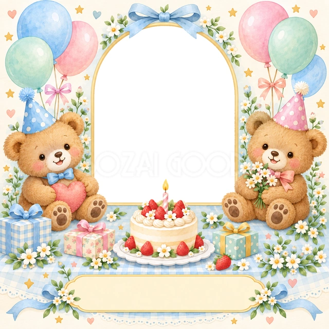 くまの誕生日会の写真フレーム
青と桃色のパーティー帽子をかぶった二匹のくまが、いちごのケーキを囲んでいます。
チェック柄のテーブルと風船、プレゼントを水彩で描き、楽しい誕生日会を表現しました。
くまが好きな子どもの誕生日写真や、小さな子の成長アルバムにおすすめ。下のリボンに名前と年齢をまとめて入れられます。