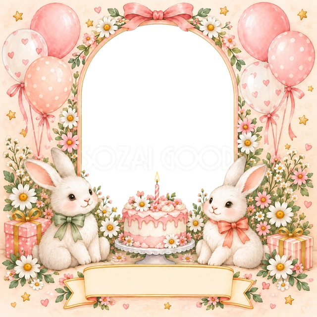 うさぎの誕生日会の写真フレーム
左右に二匹の白いうさぎを座らせ、桃色のケーキと小さな花を添えました。
ふわふわの毛の足と左右の耳、緑と桃色のリボンがかわいい、やさしい水彩デザインです。
うさぎが好きな子どもの記念写真や、誕生日のお祝いにおすすめ。下のリボンに名前と年齢をまとめて入れられます。