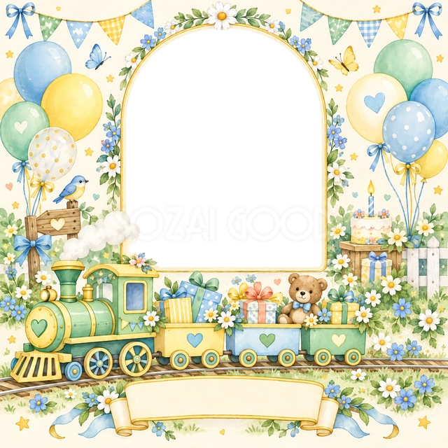 汽車のお誕生日の写真フレーム
緑色と黄色の汽車が、プレゼントとくまのぬいぐるみを載せて走る姿を描きました。
風船や小鳥、花を添えた明るい水彩デザインで、汽車の上に大きな写真窓があります。
乗り物好きの子どもの誕生日写真や、成長アルバムにおすすめ。下のリボンに名前と年齢をまとめて入れられます。