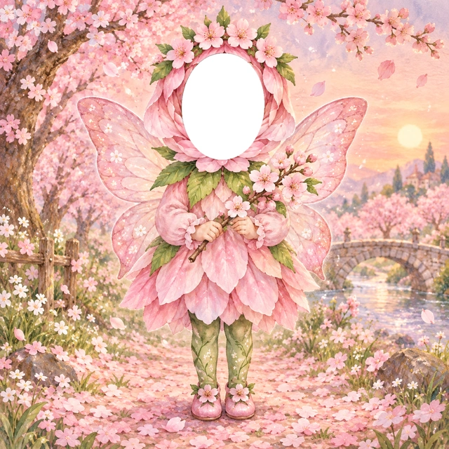 桜の妖精の写真フレーム
桃色の花びらの衣装と桜の枝を合わせた、春の妖精です。
桜の咲く小川や橋を背景に、やさしい水彩で描きました。
入園や春の成長記録におすすめ。顔写真を重ねるだけで妖精に変身できます。