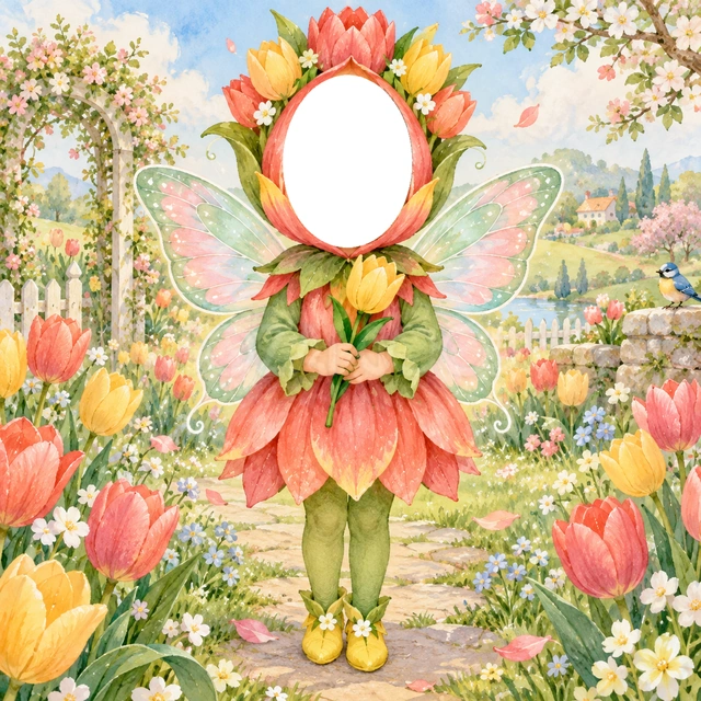 チューリップの妖精の写真フレーム
赤や黄色の花びらの衣装に、緑の袖と黄色の靴を合わせました。
色とりどりのチューリップが咲く、明るい春の庭が背景です。
春のお出かけ写真や園の掲示におすすめ。顔写真を重ねるだけで妖精に変身できます。