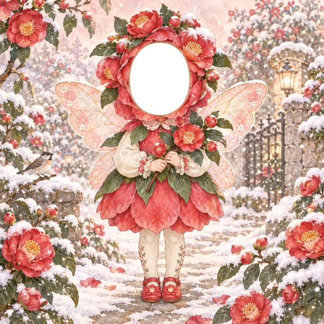椿の妖精の写真フレーム
赤や桃色の花びらの衣装と赤い靴で、椿の妖精に変身できます。
冬の庭に咲く椿と小鳥を添えた、華やかな水彩イラストです。
冬のおめかし写真や季節のアルバムにおすすめ。顔写真を重ねるだけで妖精に変身できます。