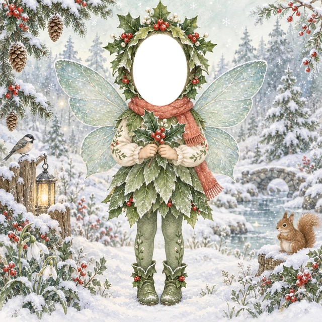 ヒイラギと赤い実の妖精の写真フレーム
西洋ヒイラギの葉の衣装に赤い実とマフラーを添えました。
雪の森に小鳥やリスを描いた、あたたかな冬のデザインです。
冬の記念写真や季節のお祝いにおすすめ。顔写真を重ねるだけで妖精に変身できます。
