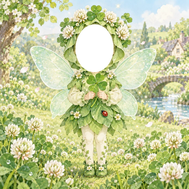 クローバーの妖精の写真フレーム
緑の葉と白い小花の衣装を着て、四つ葉を持った妖精です。
草原の小花やてんとう虫を添え、自然のやさしさを表現しました。
新緑の季節の記念写真におすすめ。顔写真を重ねるだけで妖精に変身できます。