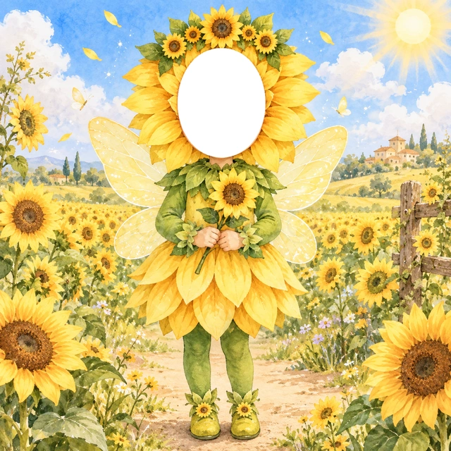 ひまわりの妖精の写真フレーム
大きな黄色の花びらの衣装と緑の袖で、ひまわりの妖精に変身できます。
青空とひまわり畑を水彩で描いた、元気な夏のデザインです。
夏休みの思い出や成長アルバムにおすすめ。顔写真を重ねるだけで妖精に変身できます。