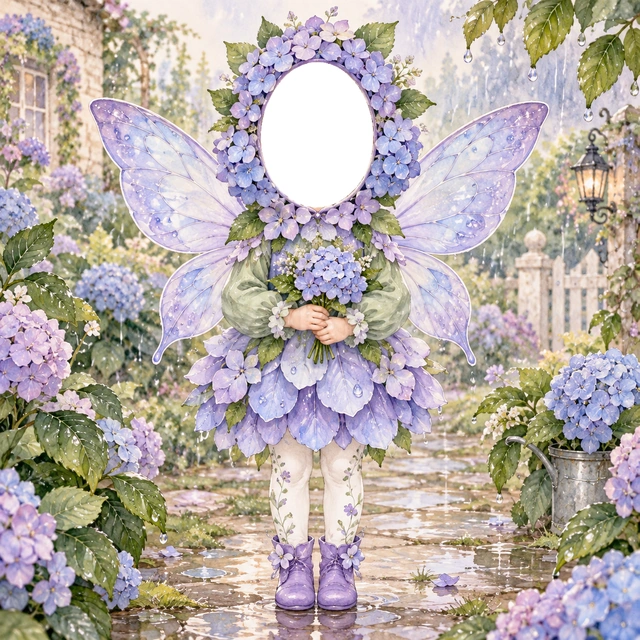 紫陽花の妖精の写真フレーム
青と紫の小花を重ねた衣装に、淡い色の袖と紫の靴を合わせました。
雨にしっとりぬれた庭を描いた、落ち着いた水彩イラストです。
梅雨の季節の記念写真におすすめ。顔写真を重ねるだけで妖精に変身できます。