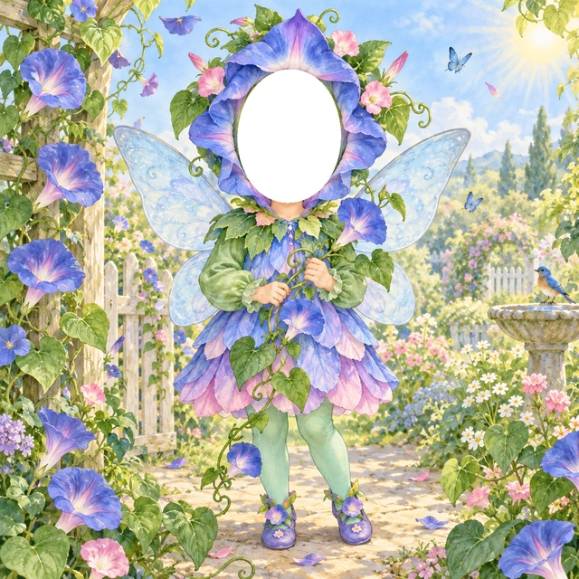 朝顔の妖精の写真フレーム
青や紫の花びらの衣装に、緑の袖と淡い緑の足元を合わせました。
つるに咲く朝顔を背景に、さわやかな夏の朝を描きました。
夏の成長記録や園の季節掲示におすすめ。顔写真を重ねるだけで妖精に変身できます。