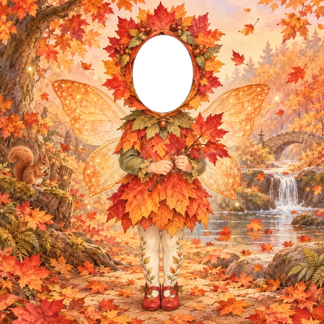 紅葉の妖精の写真フレーム
赤や橙色の葉の衣装を着て、紅葉の枝を持った妖精です。
秋色の森や橋、小川とリスを添えた、あたたかな水彩デザインです。
秋のお出かけ写真や成長記録におすすめ。顔写真を重ねるだけで妖精に変身できます。