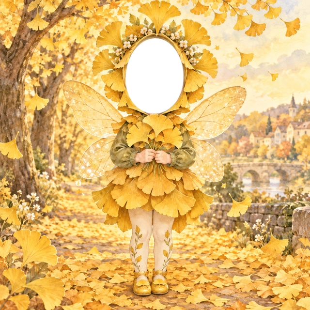 いちょうの妖精の写真フレーム
扇の形の黄色い葉を重ねた衣装に、金色の羽を合わせました。
いちょうの葉が広がる景色を背景に、秋の明るさを表現しました。
秋の散歩の記念写真におすすめ。顔写真を重ねるだけで妖精に変身できます。