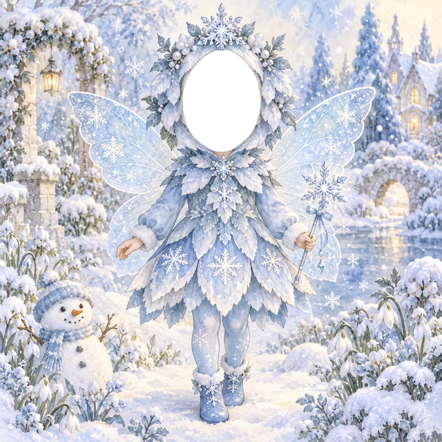 雪の妖精の写真フレーム
淡い青の衣装と雪の結晶の冠、透明感のある羽を合わせました。
雪のお城や雪だるまを背景に、冬の物語を楽しめるデザインです。
冬の成長記録や雪遊びの記念写真におすすめ。顔写真を重ねるだけで妖精に変身できます。