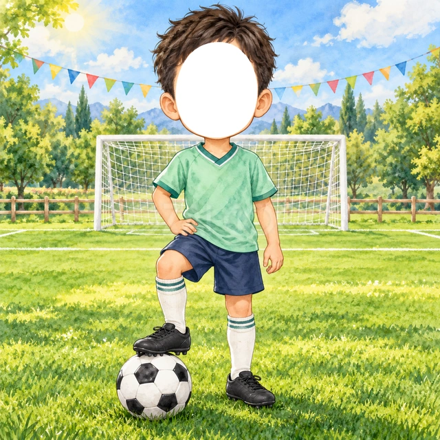 サッカーの写真フレーム
緑のユニフォームと紺の短パンに、サッカーボールを合わせました。
ゴールと緑のグラウンドを背景に、片足をボールに添えた姿です。
サッカーを始めた記念やチームの思い出におすすめ。顔写真を入れて選手に変身できます。