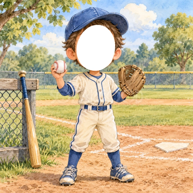 野球の写真フレーム
青い帽子とクリーム色のユニフォームで、野球選手に変身できます。
ボールとグローブを持ち、バットと野球場を水彩で描きました。
野球の習い事や試合の記念におすすめ。顔写真を入れて選手に変身できます。